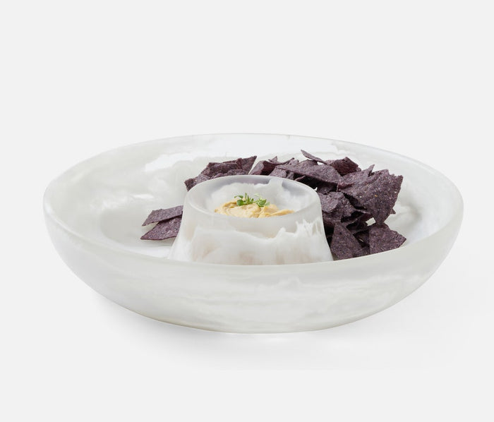 Blue Pheasant Hugo White Swirled Chip and Dip Bowl, 2206 Serveware, showing the stylish ceramic bowl with a white swirled design.