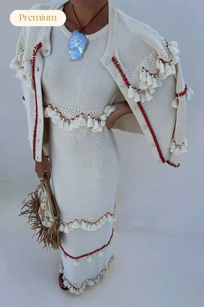Ivory and Red Harper Dress and cardigan in cream knit with crochet tassels and red beaded trim.