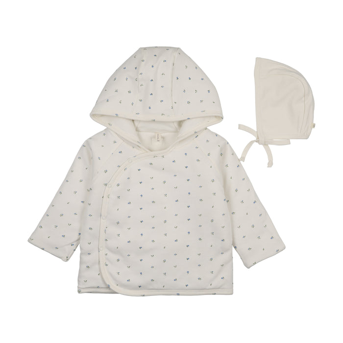 jacket bitsy floral wrap with hood - cream/blue