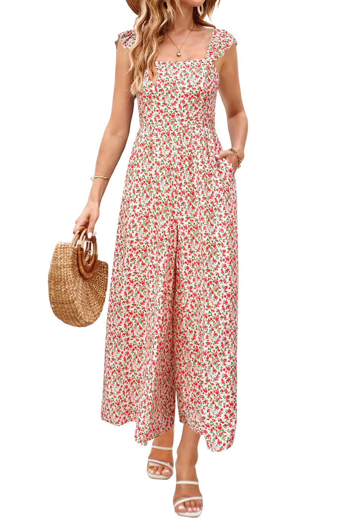 Jumpsuits Women Ruffle Sleevelesss Playsuits Square Neck Smocked Wide Leg Overalls with Pockets