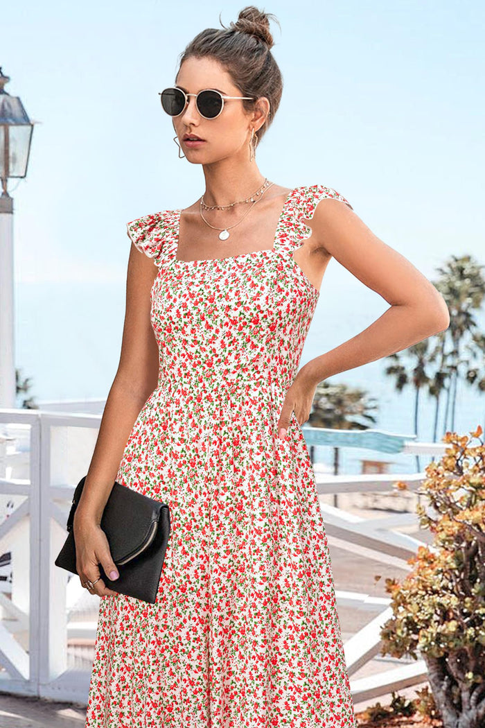Jumpsuits Women Ruffle Sleevelesss Playsuits Square Neck Smocked Wide Leg Overalls with Pockets