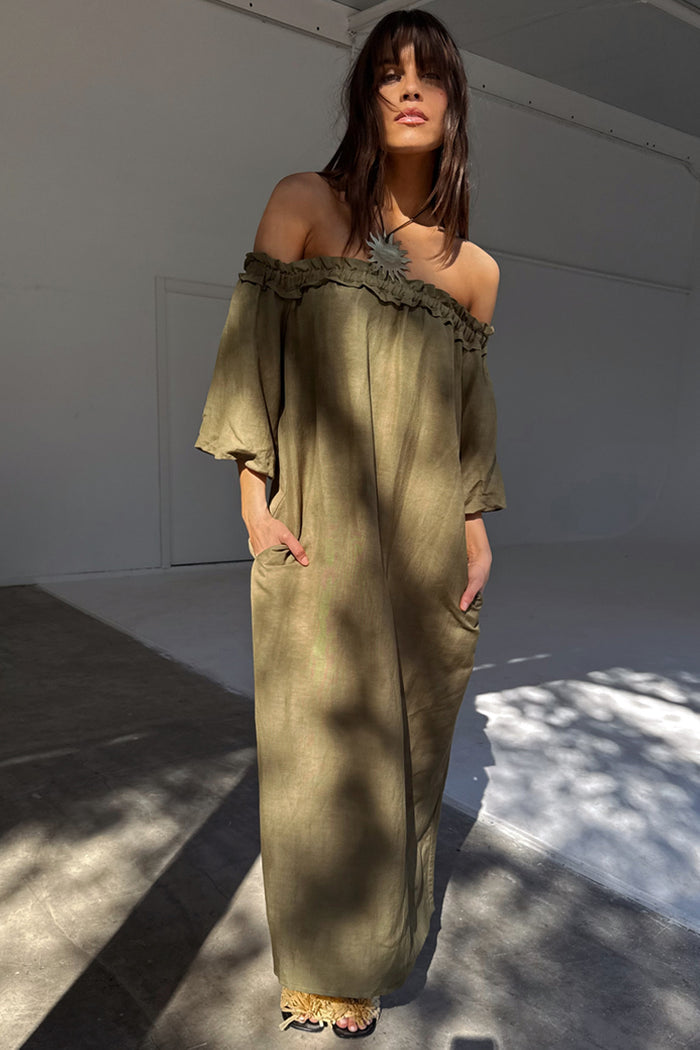 Khaki green linen-blend Ella Dress with an off-the-shoulder ruffled neckline and side pockets.