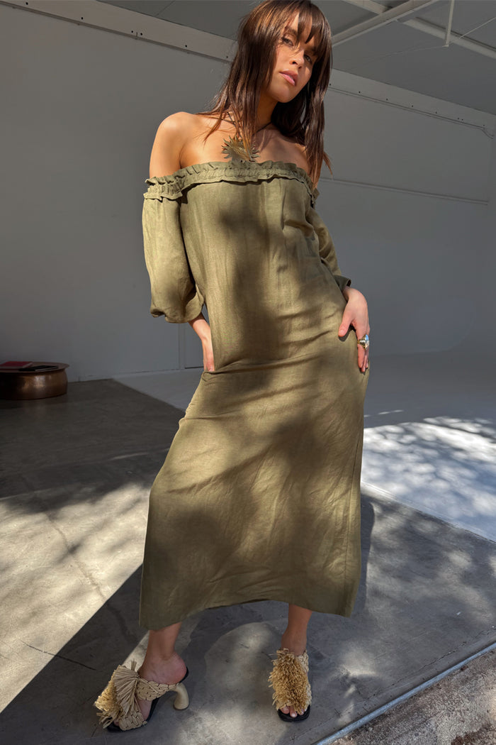 NFD Khaki Ella Dress in a linen blend featuring a multi-wear ruffled neckline and side pockets.
