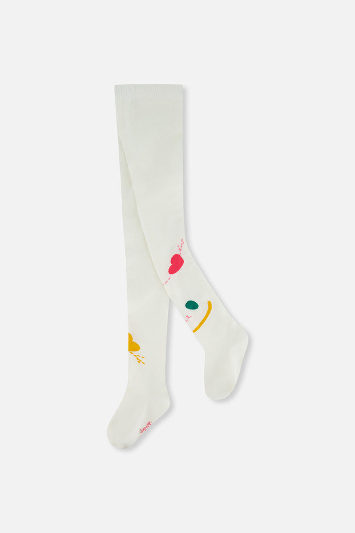 Deux par Deux girls' off-white knit tights with graphic details – front view