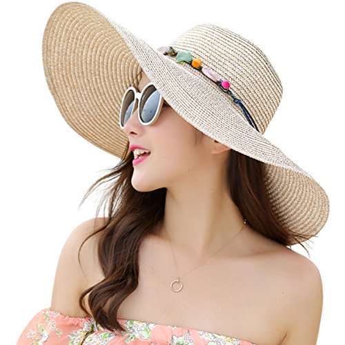 Lanzom Womens 5.5 Inches Wide Brim Straw Hat Floppy Foldable Roll up Cap Beach Sun Hat - Style Heist