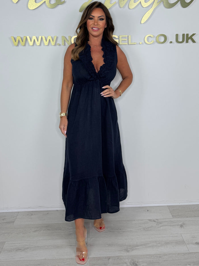 Linen Look Sleeveless Frill V-Neck Maxi Dress (4 Colours)