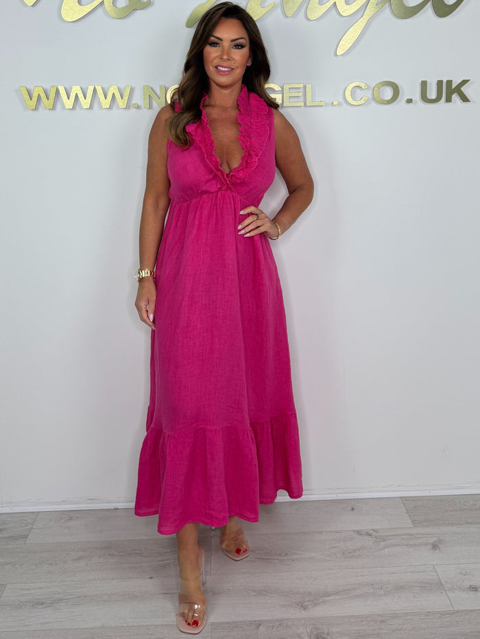 Linen Look Sleeveless Frill V-Neck Maxi Dress (4 Colours)
