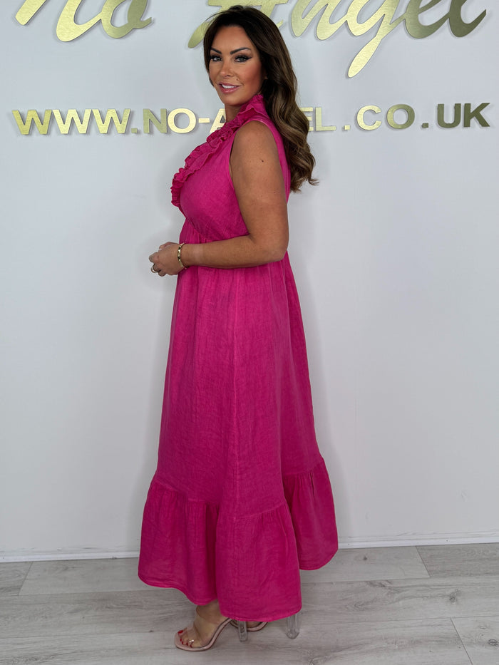 Linen Look Sleeveless Frill V-Neck Maxi Dress (4 Colours)