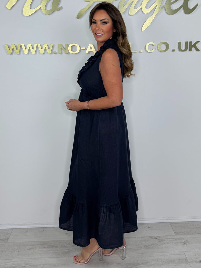 Linen Look Sleeveless Frill V-Neck Maxi Dress (4 Colours)
