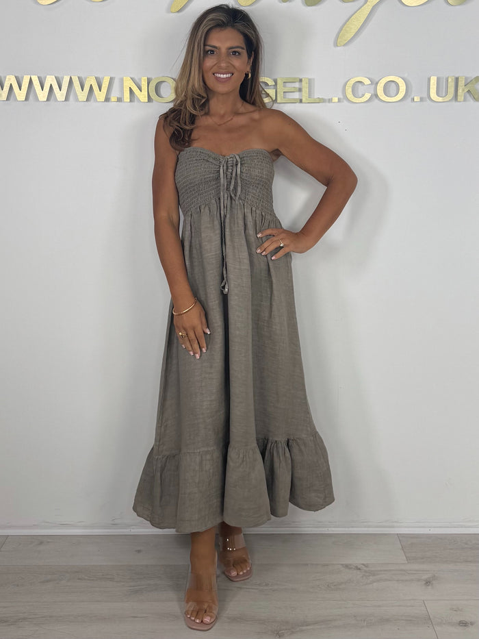 Linen Smocked Bardot Maxi Dress (7 Colours)