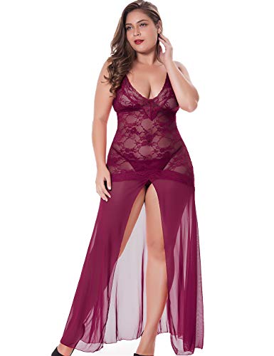 LINGERLOVE Plus Size Floral Lace Babydoll Nightwear Set in Wine Red