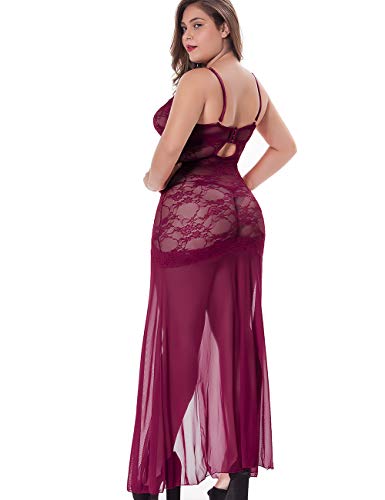LINGERLOVE Plus Size Floral Lace Babydoll Nightwear Set in Wine Red
