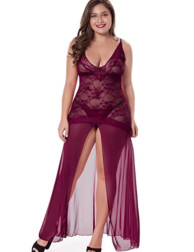 LINGERLOVE Plus Size Floral Lace Babydoll Nightwear Set in Wine Red