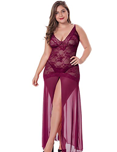 LINGERLOVE Plus Size Floral Lace Babydoll Nightwear Set in Wine Red