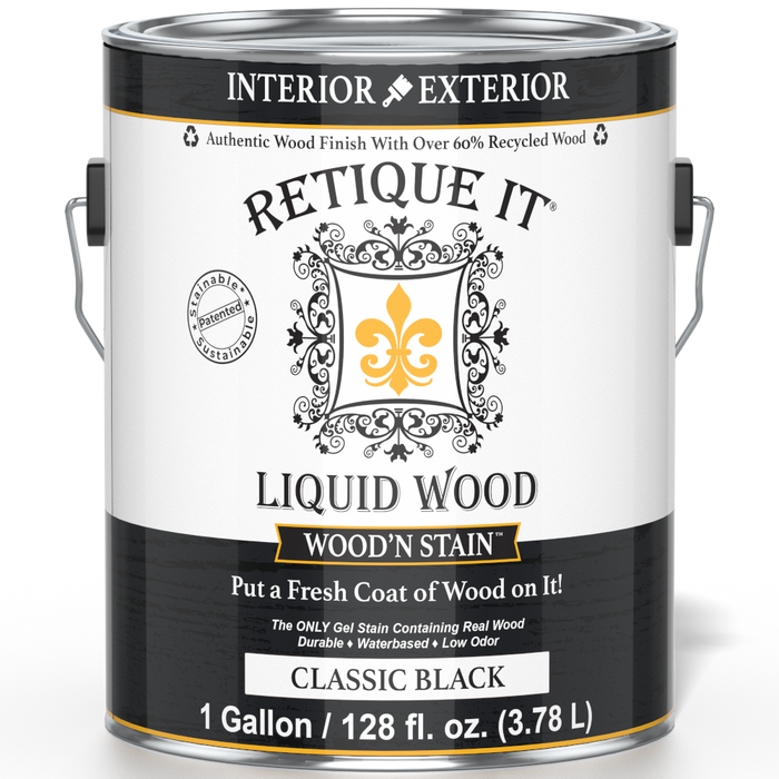 Retique It Liquid Wood Wood'n Stain in Classic Black, 128 oz, showcasing the front of the stain container with product label.