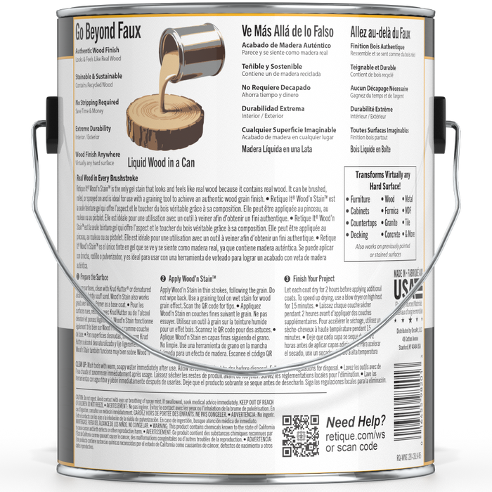 Liquid Wood Wood'n Stain in Classic Black by Retique It, 128 oz container, showing the dark stain being applied to wood.