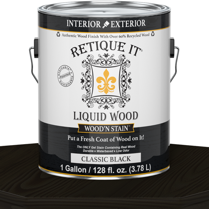 Retique It Liquid Wood Wood'n Stain in classic black, 128 oz bottle, showcasing the dark, rich stain for wood finishing.