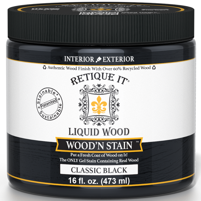 Retique It Liquid Wood Wood'n Stain in Classic Black, 16 oz bottle, showcasing the dark stain for wood finishing.