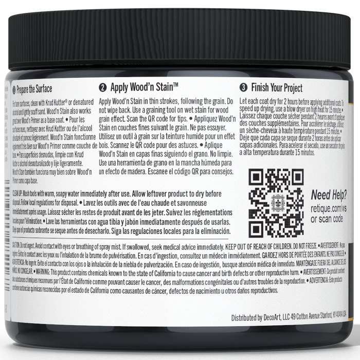 Liquid Wood Wood'n Stain in classic black by Retique It, 16 oz bottle, showing the dark stain and applicator brush.