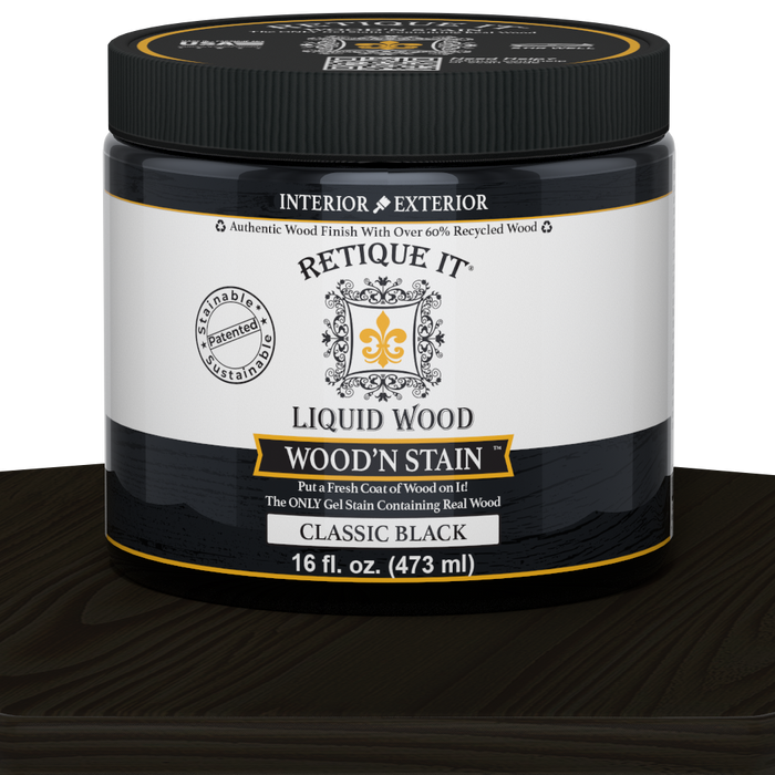 Retique It Liquid Wood Wood'n Stain 16 oz in Classic Black, featuring a bottle of wood stain with black finish and labeling.