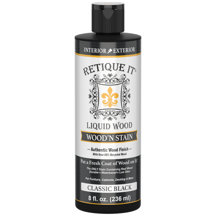 Retique It Liquid Wood Wood'n Stain in 8 oz Classic Black, showcasing the dark stain being applied to wood surface.