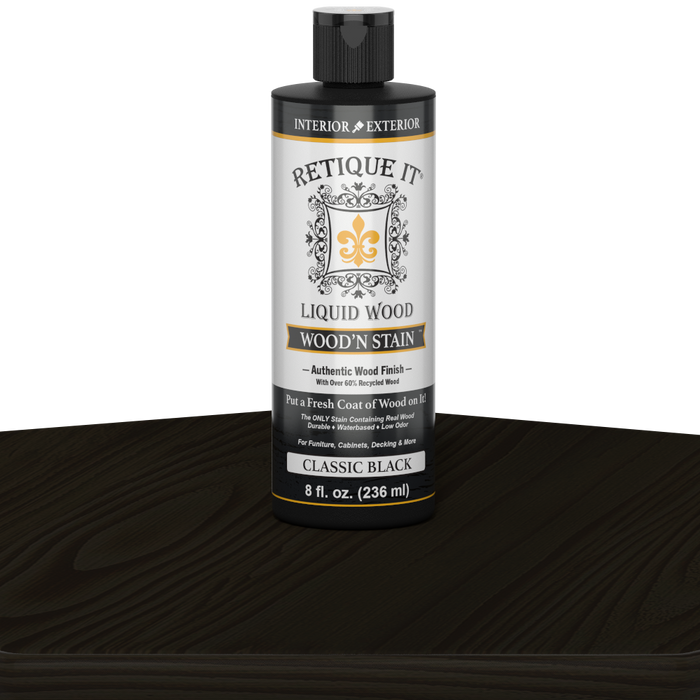 Retique It Liquid Wood Wood'n Stain in Classic Black, 8 oz bottle, showcasing the dark stain applied to wood surface.