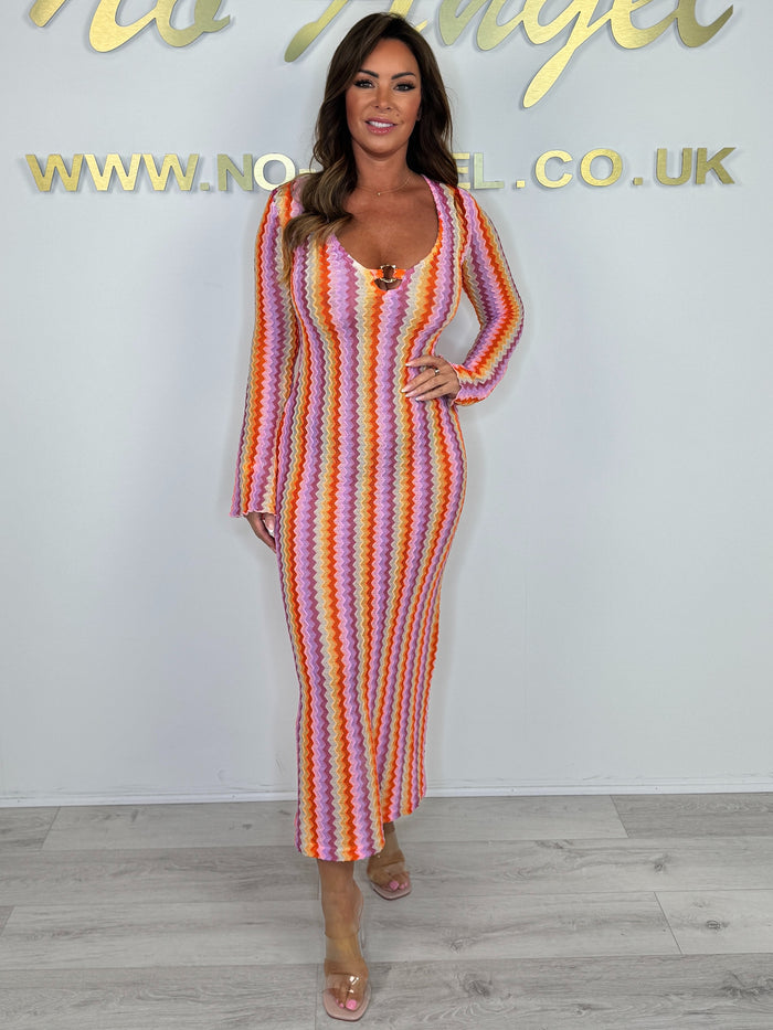 Long Bell Sleeve V-Neck Gold Ring Detail Zigzag Dress (4 Colours)