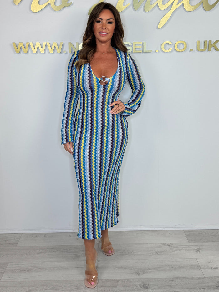 Long Bell Sleeve V-Neck Gold Ring Detail Zigzag Dress (4 Colours)