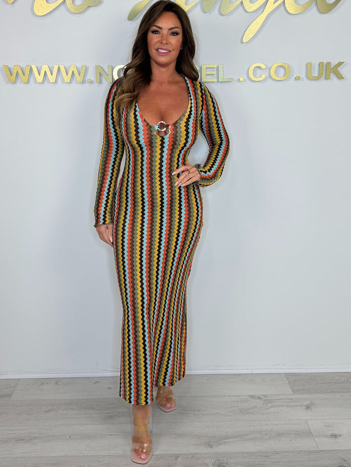 Long Bell Sleeve V-Neck Gold Ring Detail Zigzag Dress (4 Colours)