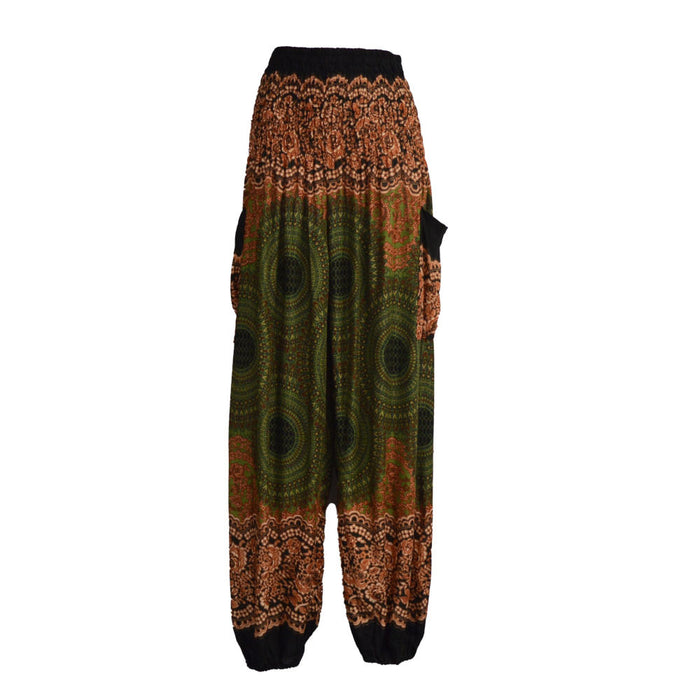 loose mandala pants with pockets, olive green