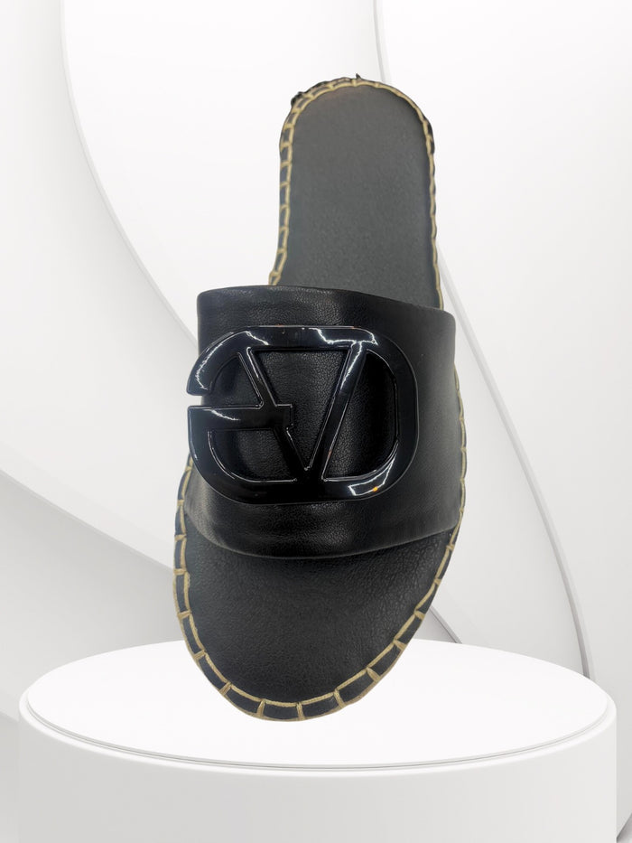 LV- Black Buckle & Wedges Sole  Pattern Sliders - Style Heist