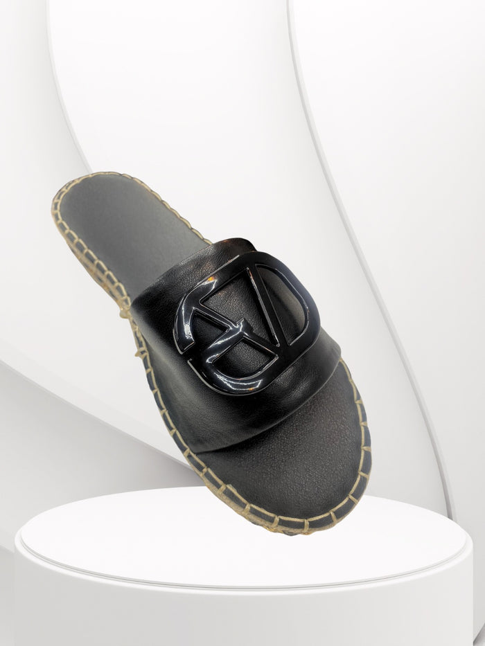 LV- Black Buckle & Wedges Sole  Pattern Sliders - Style Heist