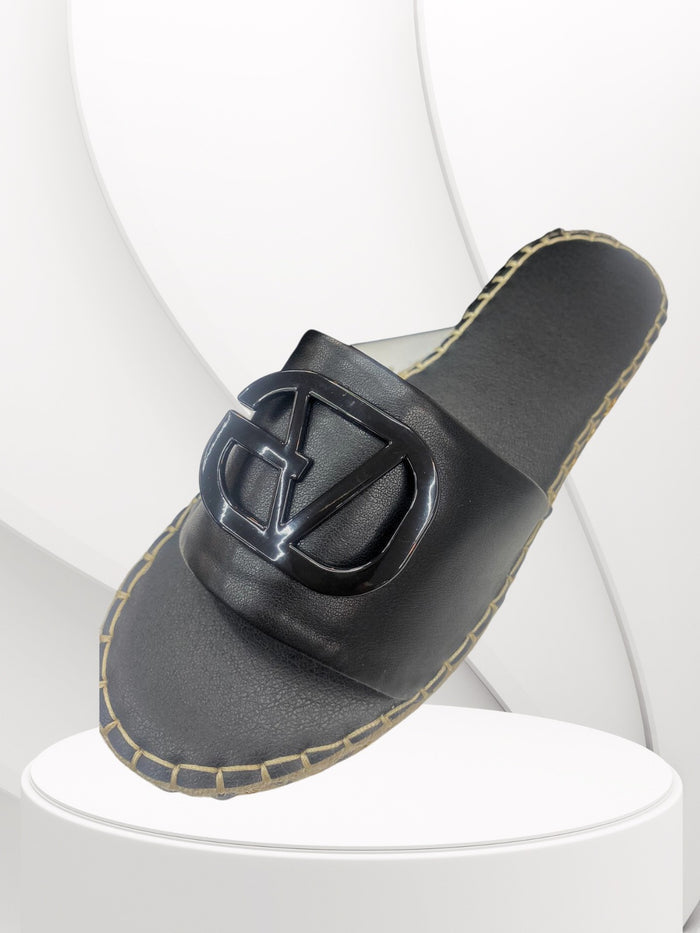LV- Black Buckle & Wedges Sole  Pattern Sliders - Style Heist