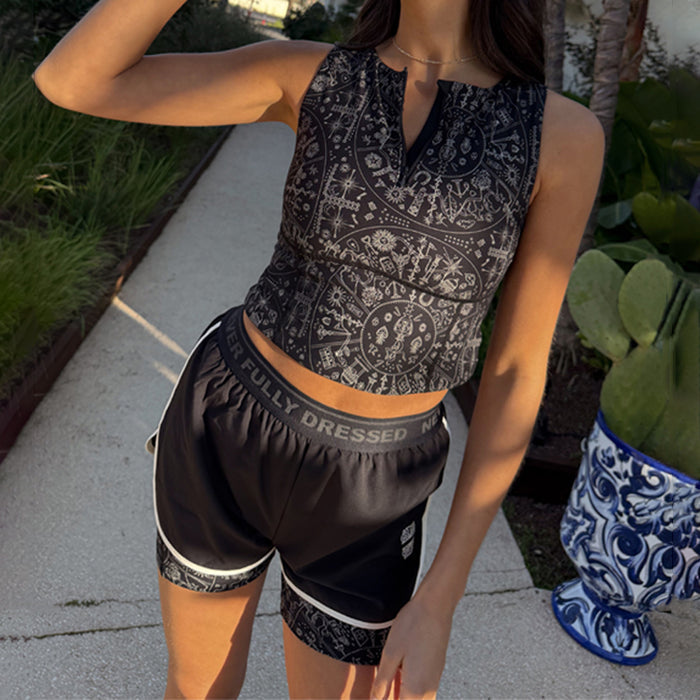Black Map Print Gym Top and matching running shorts with a branded waistband and intricate market-inspired motifs.