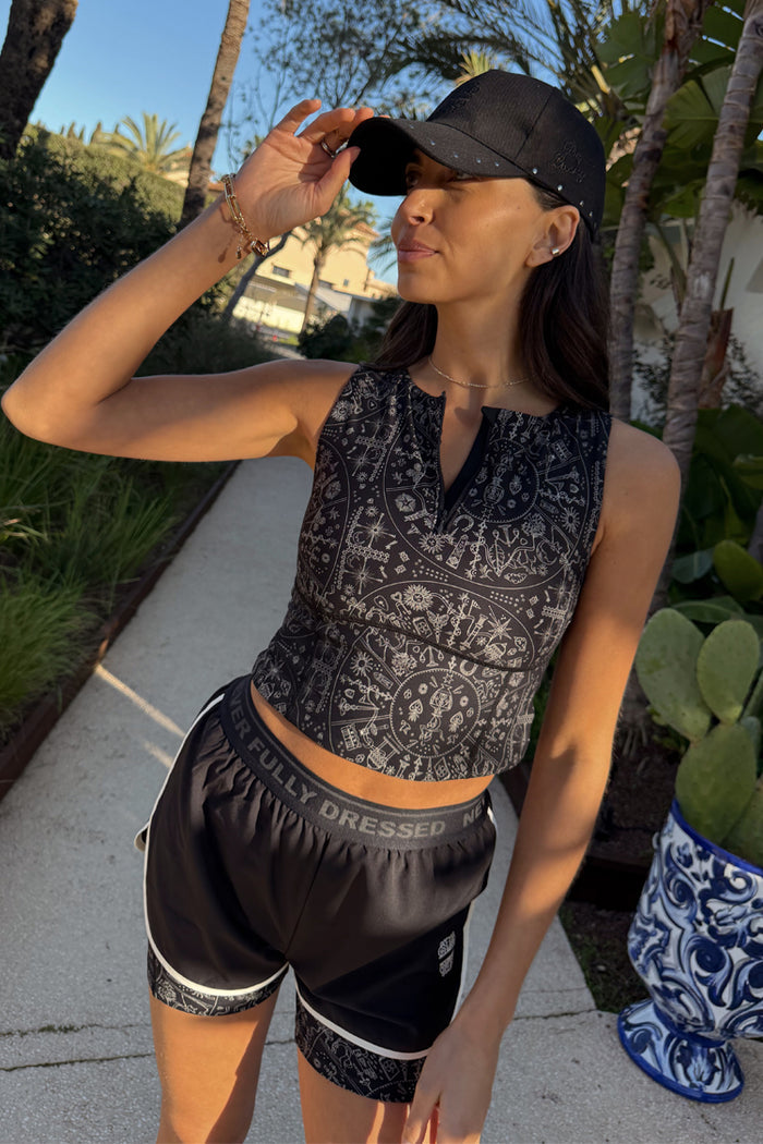 Black Map Gym Top and matching running shorts with Kempton market motifs and branded details.