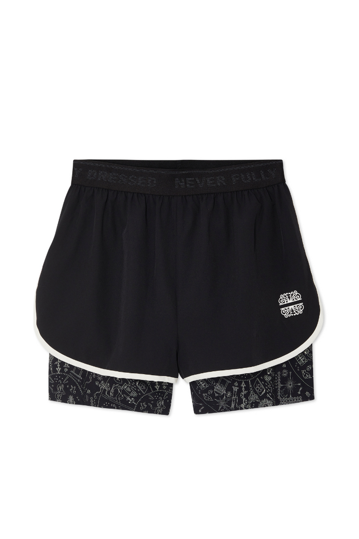 Black Map Running Short with a 2-in-1 design, featuring a white trim and a patterned map print inner layer.
