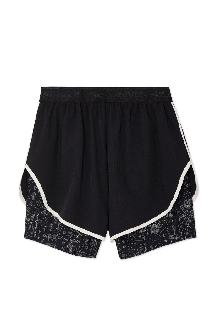 Black 2-in-1 Map Running Short featuring white trim and a celestial map print on the inner supportive layer.