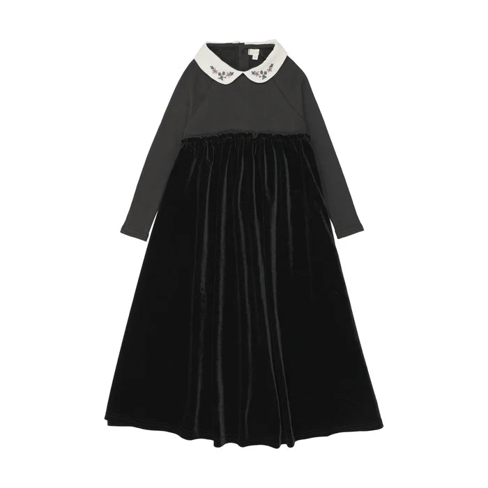 maxi dress embroidered collar velour - black