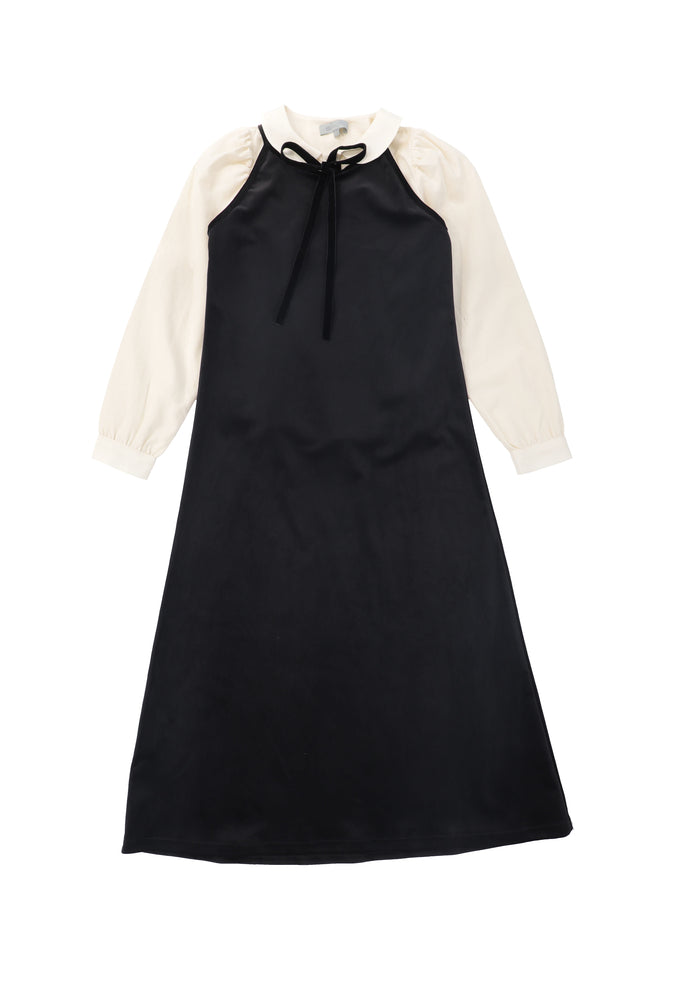 maxi dress velour jumper with ribbon blouse - black/ivory