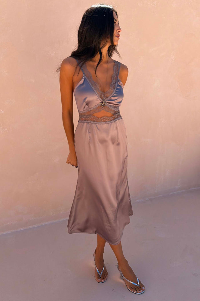 Mink Mimi Dress Petite in mink grey featuring lace trims and an under-bust cutout detail.