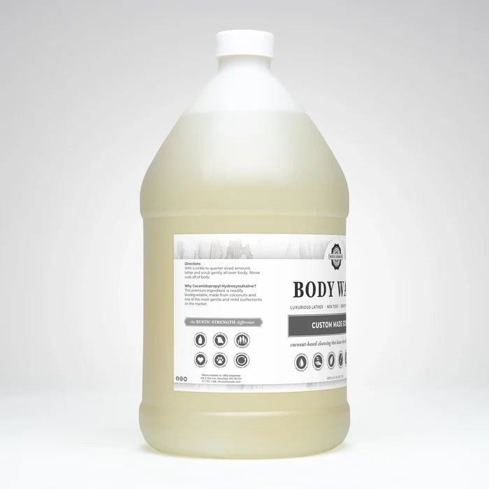 Rustic Strength, Body Wash, 128oz Plastic, Custom Made Scent, Side View Left