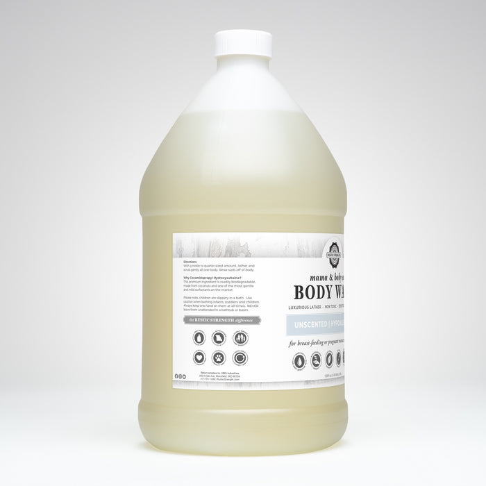 Rustic Strength, Body Wash, 128oz Plastic, Mama + Baby Safe, Side View Left