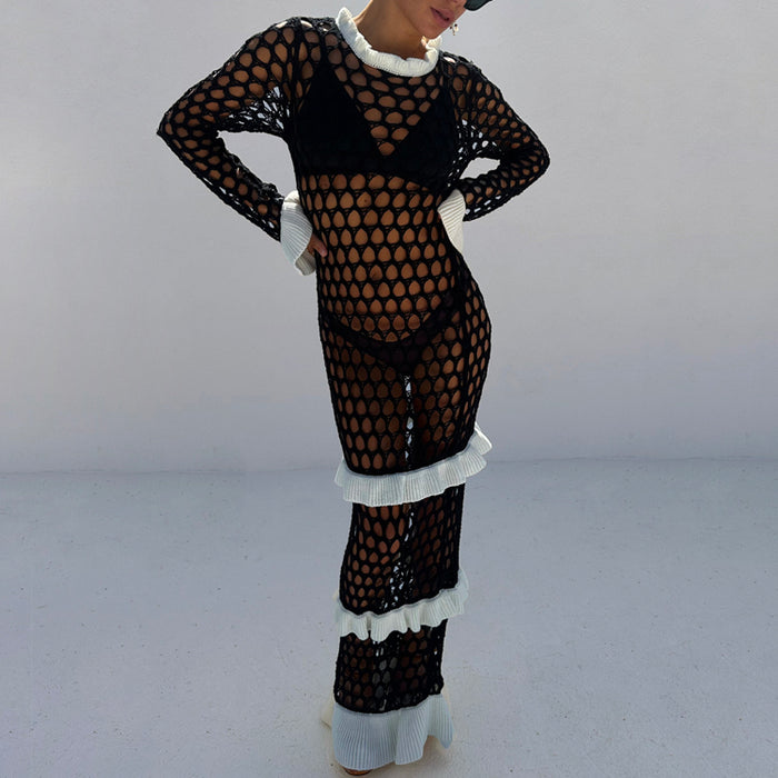 Mono Crochet Chloe Dress Petite in black with white knitted frills on the neckline, cuffs and tiered skirt.