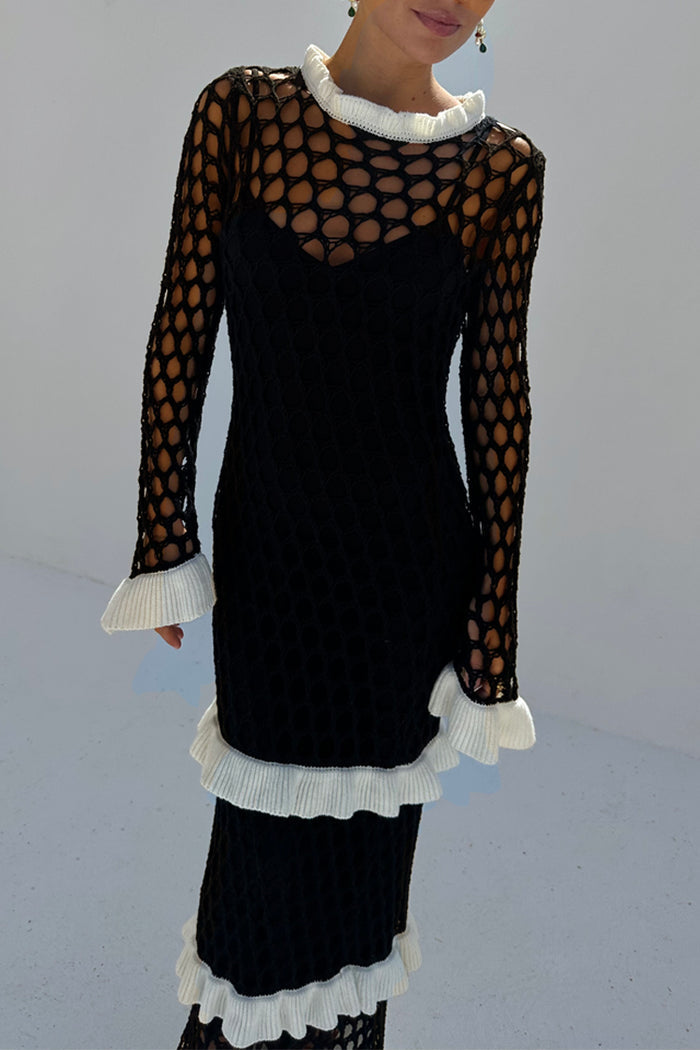 Black wide crochet Mono Chloe Dress with white knitted frills on the neckline, cuffs and tiered skirt.