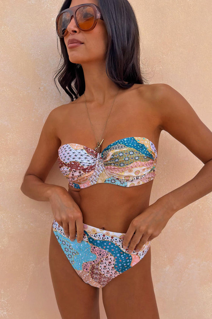 Morocco Bikini Top in a celestial patchwork print with sun motifs and gathered underwired cups.