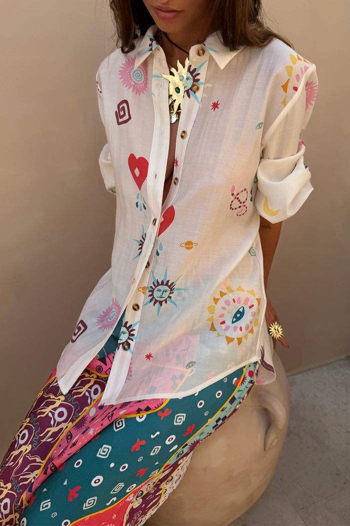Morocco Charms Marley Shirt in sheer cream fabric with colourful sun, heart and snake motifs in an oversized fit.