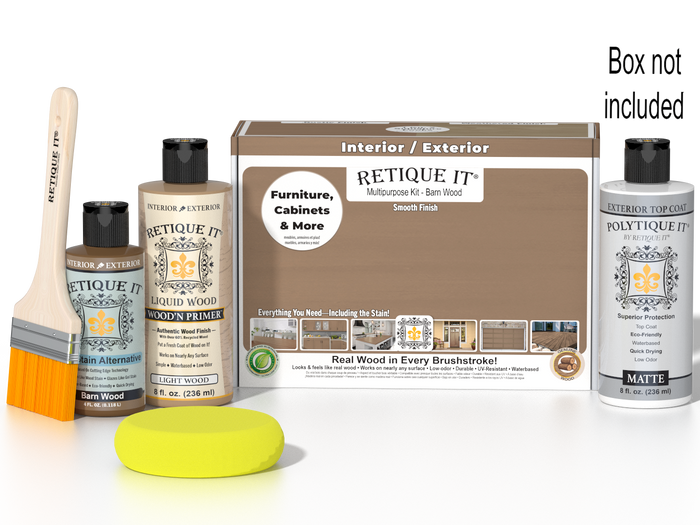 Retique It Multi-purpose Smooth Finish Kit in Barn Wood with exterior top coat, includes wood finish and application tools.