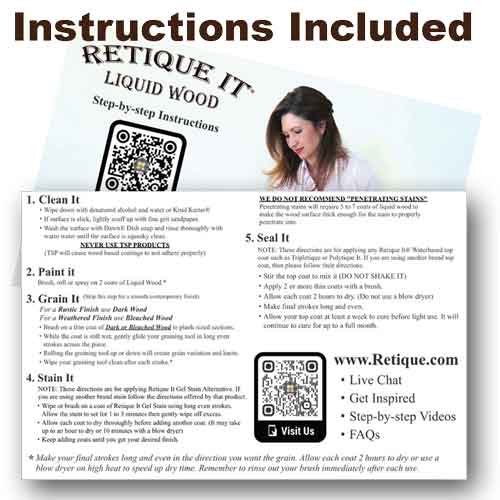 Retique It wood finish kit with barn wood exterior top coat in a smooth, matte finish, including application instructions.