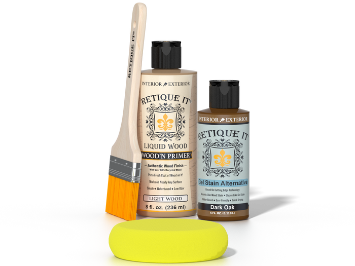 Retique It® Light Wood Wood’n Primer with Dark Oak Gel Stain Alternative, brush, and yellow sponge.