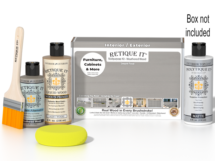 Retique It® Weathered Wood kit with brush, Wood’n Primer, stain alternative, matte top coat, and box not included.